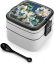 White Blooms Blue Butterflies Bento Box with Spoon, 2-layer Stackable Lunch Box Leak Proof with Invisible Handle, Insulated Food Storage for Office, Picnic & Travel