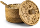Mie Creations Salt Pepper Pinch Bowls, Vintage Salt Box Cellar with Wooden lid | Wood Spice Keeper for Cooking, Sugar Coffee Storage Container for Kitchen with Tiny Spoon- Christmas Thanksgiving Decor