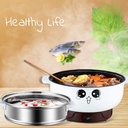 4-in-1 Multifunction Electric Skillet Non-Stick Stainless Steel Hot Pot Noodles Rice Cooker Steamed Egg Soup Pot Portable Mini Heating Pan Cooking Fried with Steam Grid