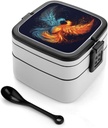 Fire And Water Phoenix Bento Box with Spoon, 2-layer Stackable Lunch Box Leak Proof with Invisible Handle, Insulated Food Storage for Office, Picnic & Travel