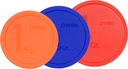 Pyrex (1) 326-PC 4qt Red, (1) 325-PC 2.5qt Blue, & (1) 323-PC 1.5qt Orange Plastic Storage Lid, Made in USA