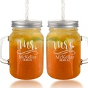 Personalized Mason Jar Drinking Glasses Bulk, 16 oz Custom Wedding Glasses with Handles for Anniversaries Groom Bride，Wedding Gifts for Guests (Mr.Mrs-2Pack)