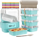 LNYZQUS 50 Pack 1.5lb Small Baking Pans with Lids, 7” x 5” Aluminum Foil Containers Individual Cake Tins,24oz Heavy Duty Takeout Leftover Containers Meal Prep Holders Boxes for Oven-Blue