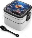 Fishs Stackable Bento Box Double-layered Leak-Proof Lunch Box 1L Capacity Portable Lunchbox Durable Drop-Proof for Work Picnic Travel