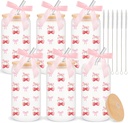 Set of 6 Coquette Aesthetic Bow Glass Cup 16oz Pink Cherries Bows Frosted Cups with Lids and Straws Cute Matcha Cup Iced Coffee Drinking Jars, Birthday Gifts for Women