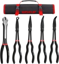 WISEUP 5Pcs Long Needle Nose Pliers Set ，Premium Carbon Steel，11" Long Reach Straight ，45° Bent Nose ，90° Bent Nose Plier，Diagonal Pliers for Narrow Spaces