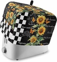 Sunflower Toaster Cover 2 Slice, Summer Botanical Bee Black Plaid Dustproof Bread Machine Oven Cover with Storage Pockets, Fits Most Kitchen Toasters Protector