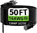 HUANCHAIN Indoor Outdoor Black Extension Cord 50 ft Waterproof, 16/3 Gauge Flexible Resistant Appliance Extension Cord Outside, 13A 1625W 16AWG SJTW, 3 Prong Heavy Duty Electric Cable, ETL Listed