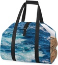 GUYOS Ocean Waves Landscape Pattern - Waxed Canvas Firewood Carrier Log, Waterproof Large Capacity Canvas Wood Carrying Bag with Top Handle, Fireplace Wood Stove Accessories