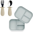 Ali+Oli Mealtime Learning Bundle – Silicone Bento Box, Spoon & Fork Set – Blue & Khaki – Spill-Proof, Microwave & Dishwasher Safe – Toddler Lunch Box for Preschool, Daycare, Back to School
