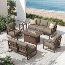 Outdoor Aluminum Patio Furniture Set, 7-Seats Patio Conversation Sofa Set with Oversized Fire Pit Table w/Glass Wind Guard, All Weather for Balcony, Garden-Brown