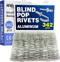 New Age America® 342pcs Blind Pop Rivets & Backup Washers | 3/32" to 1/4" | Silver | 14 Sizes | SAE Size Aluminum Rivets & 304 Stainless Steel Backup Washer | Rivet Kit w Steel Mandrel | Labelled Case