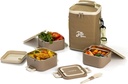 Lille Home Stackable Bento Box, 71oz Stackable Lunch Box, 3 Layers Portable Stainless Steel Leak-Proof Lunchbox, Lunchable Snack Box with 4 Compartment (Brown)